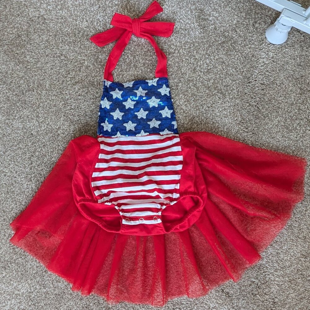 Marie Nicole Clothing 4th of July Stars and Stripes Tutu Backless Halter Bubble